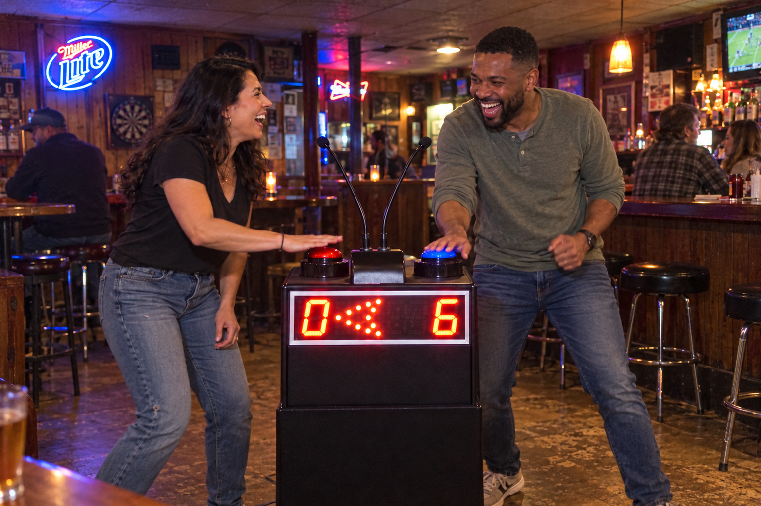 Created scene of two contestants playing at a game-show podium
