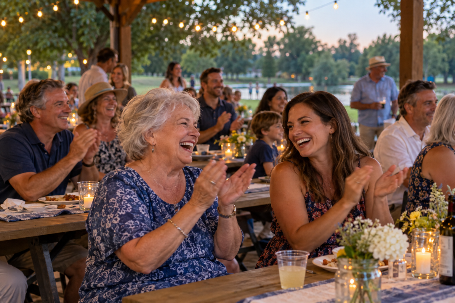 Illustrative neighbors celebrating together at a park pavilion