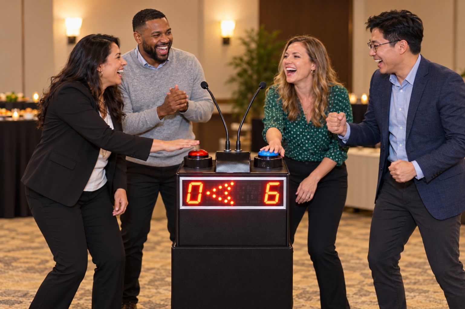 Illustrative team game at a compact black podium