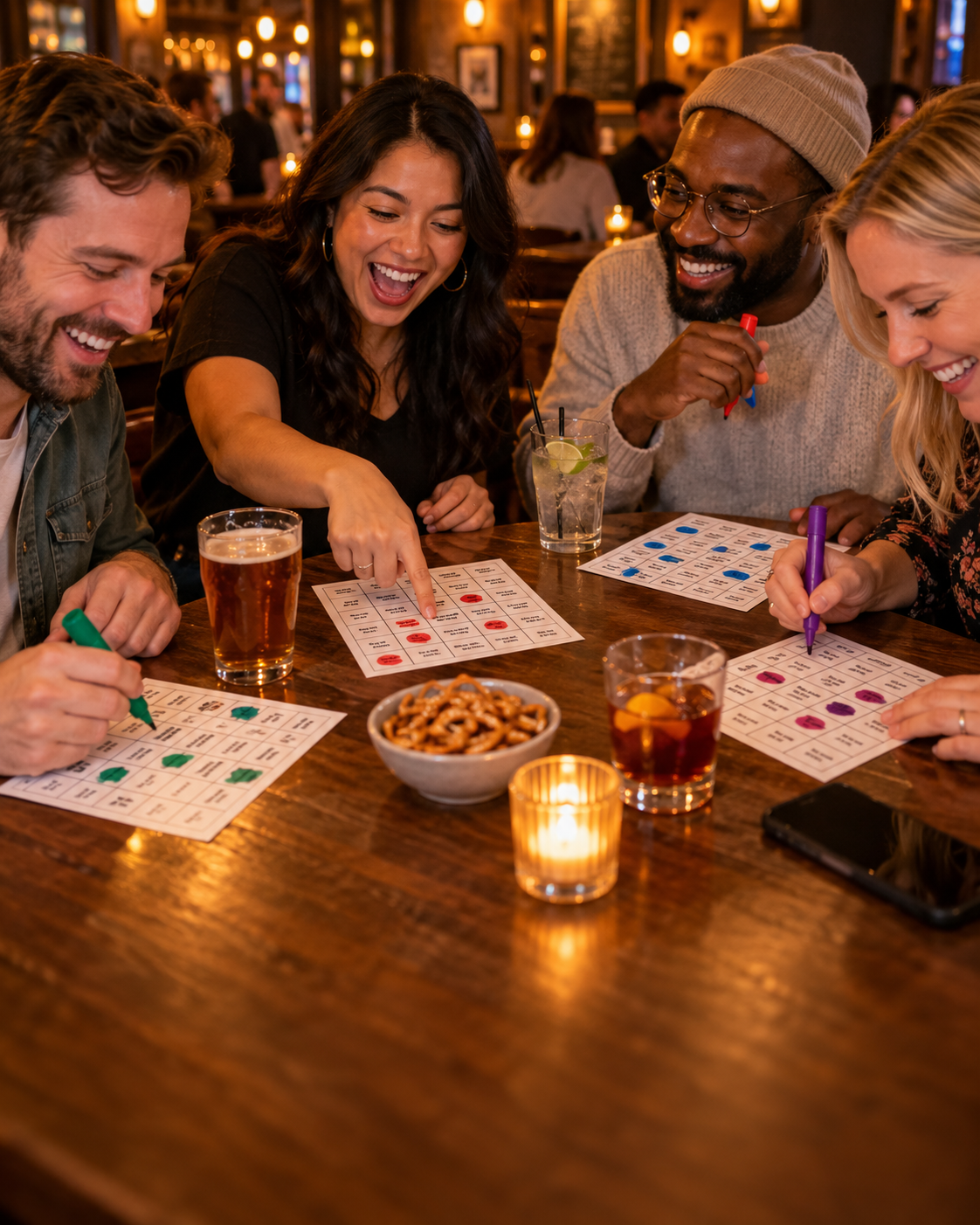 Illustrative scene of friends playing music bingo at a pub