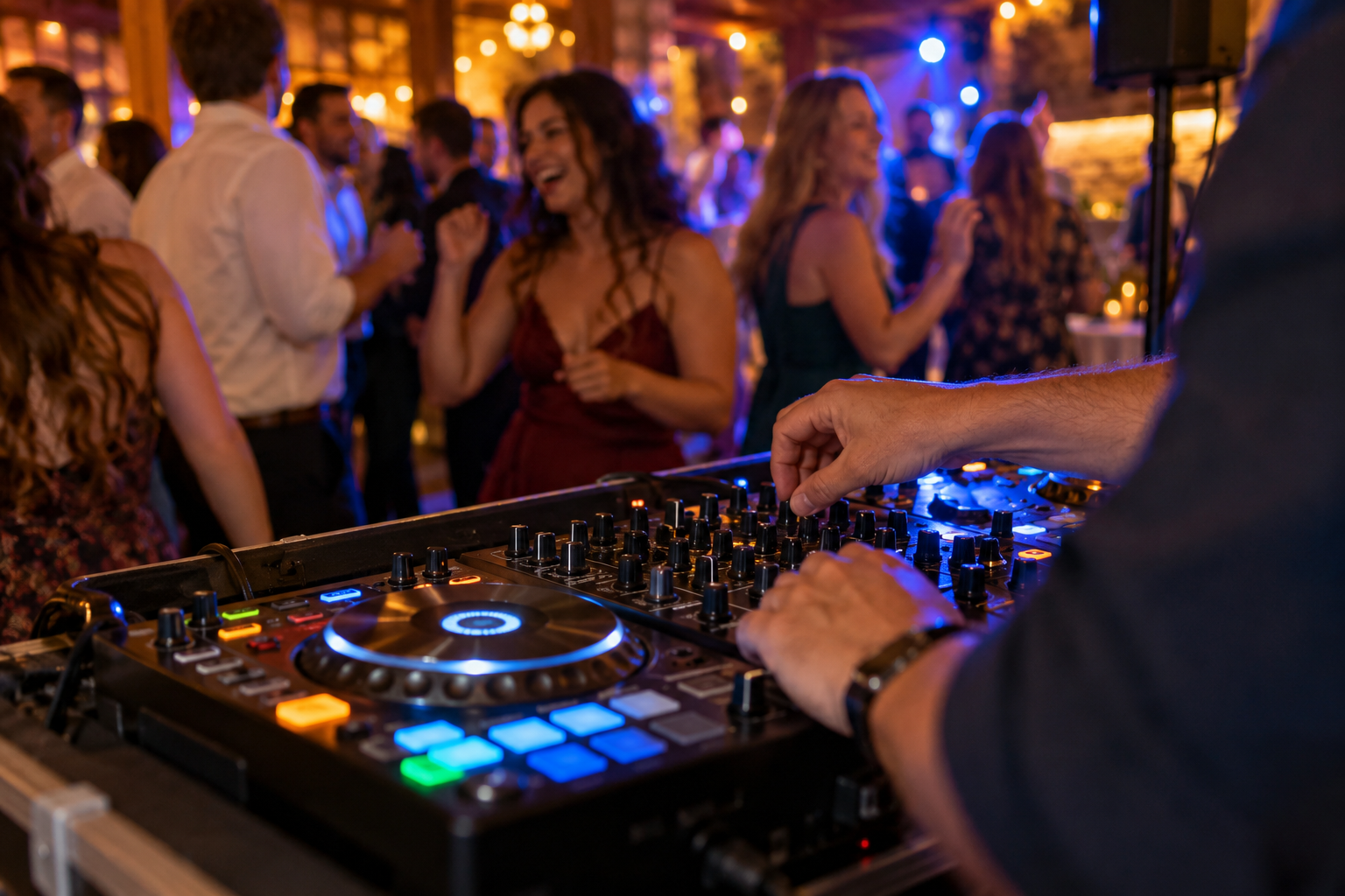 Illustrative DJ controller with guests dancing in the background