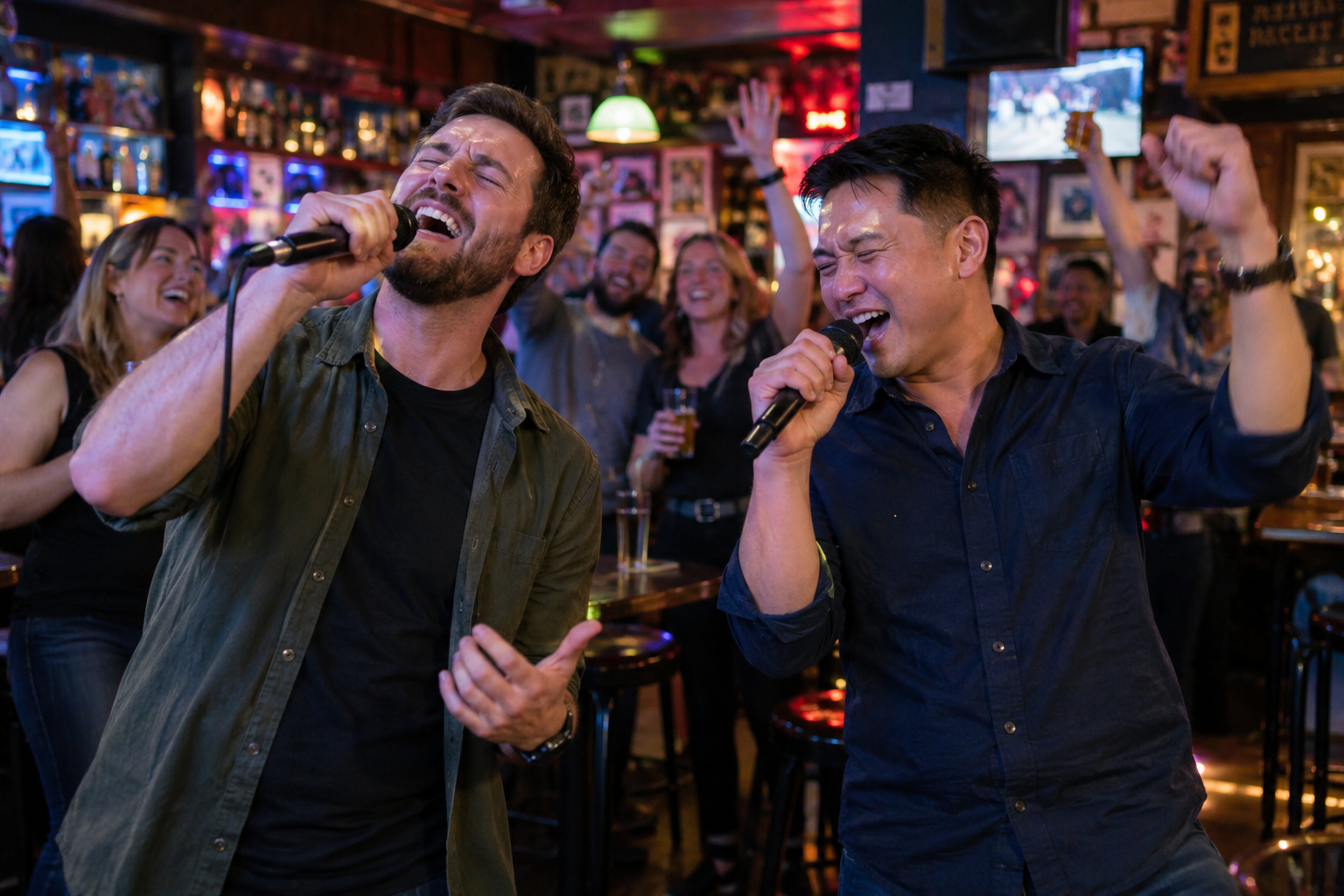 Illustrative karaoke duet with a cheering pub audience