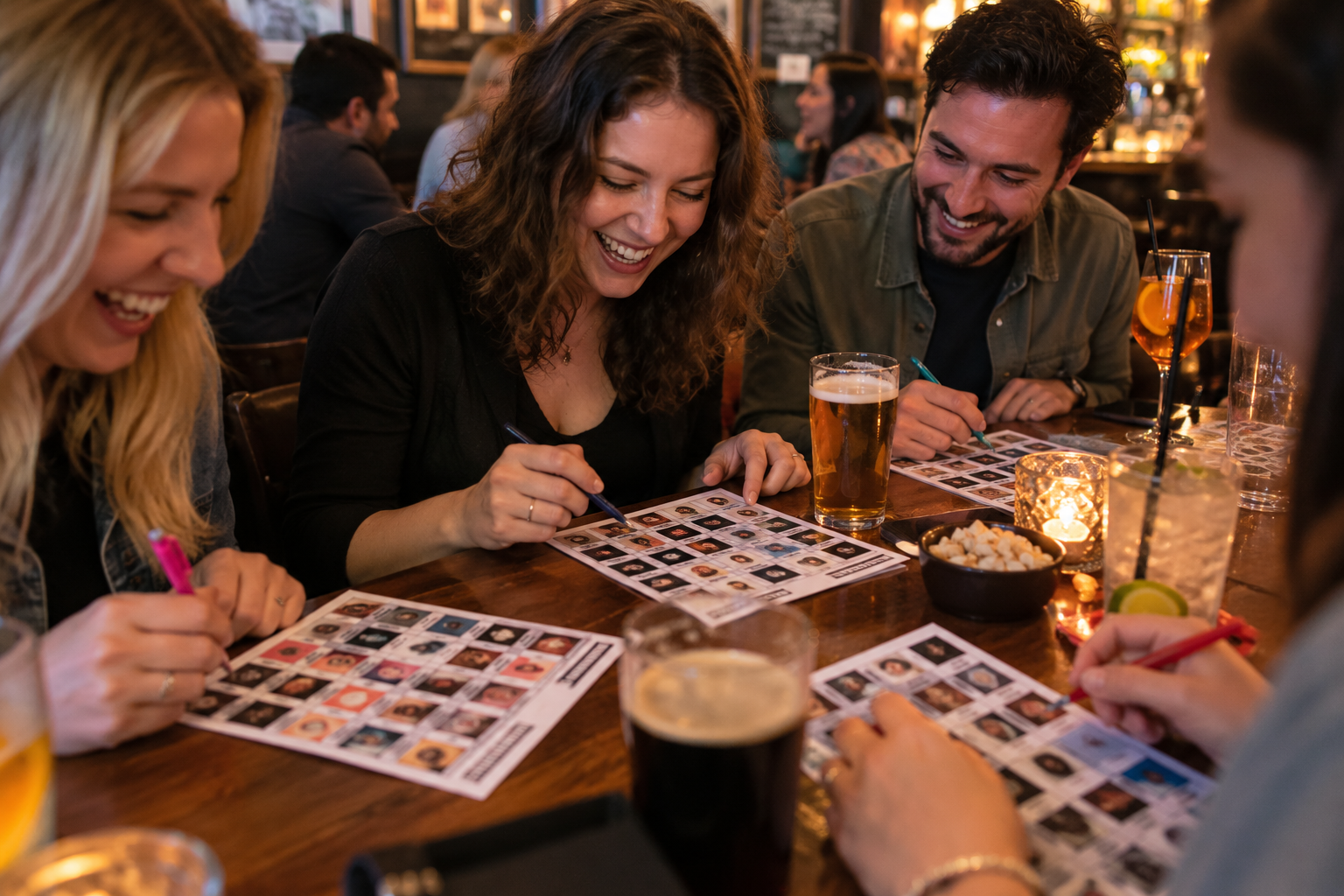 Illustrative music bingo players enjoying a game at their table
